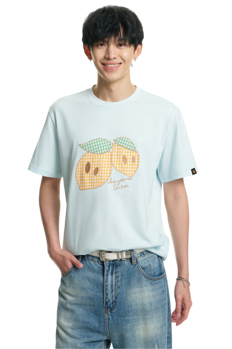 Dangerouspeople DSP Asymmetrical Eye Plaid Patch Fruit Print Casual Tee