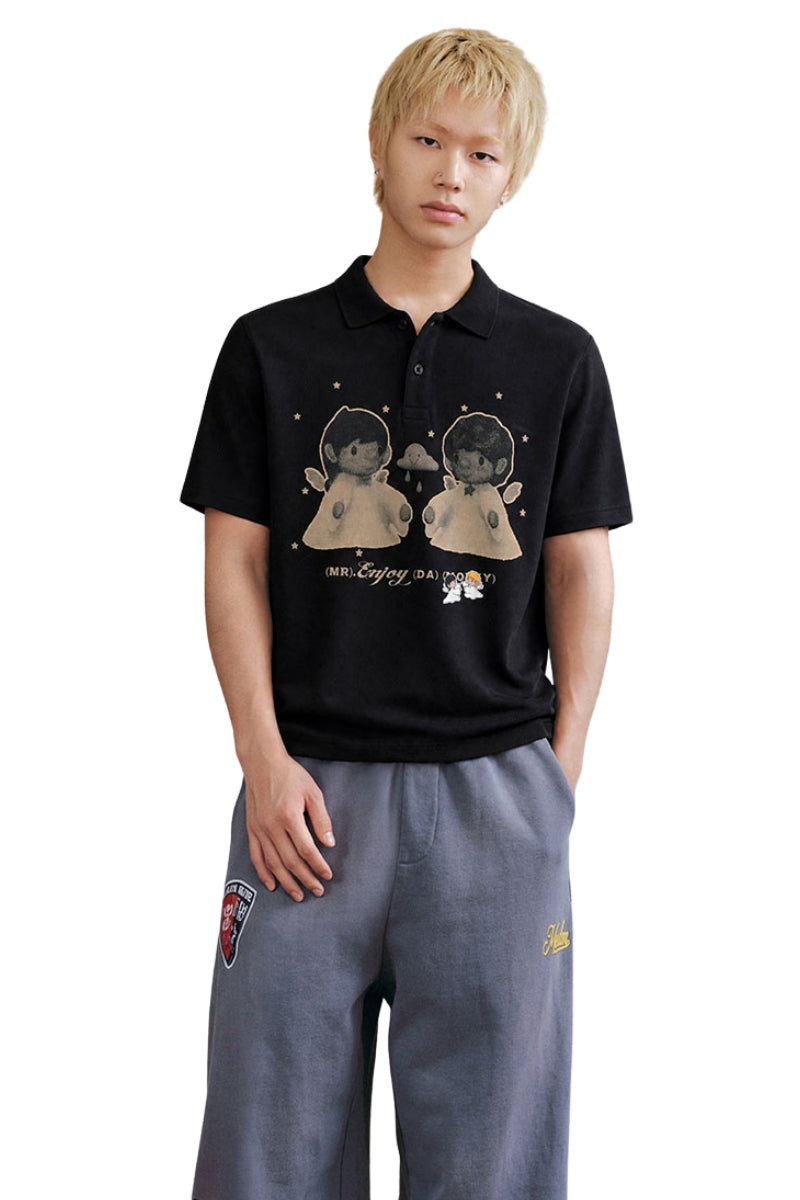 MEDM 3D Angel Glitter Star Contrast Oversized Couple Polo