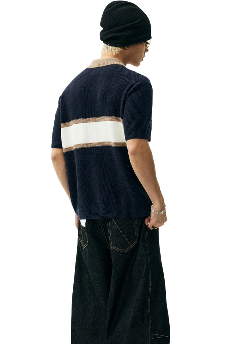MEDM Contrast Zip Knit Rugby Polo Unisex Cotton Short Sleeve Tee