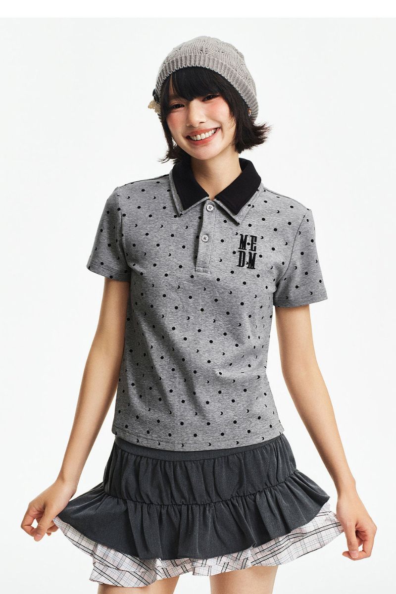MEDM Fake Two-Piece Polka Dot Short-Sleeve POLO