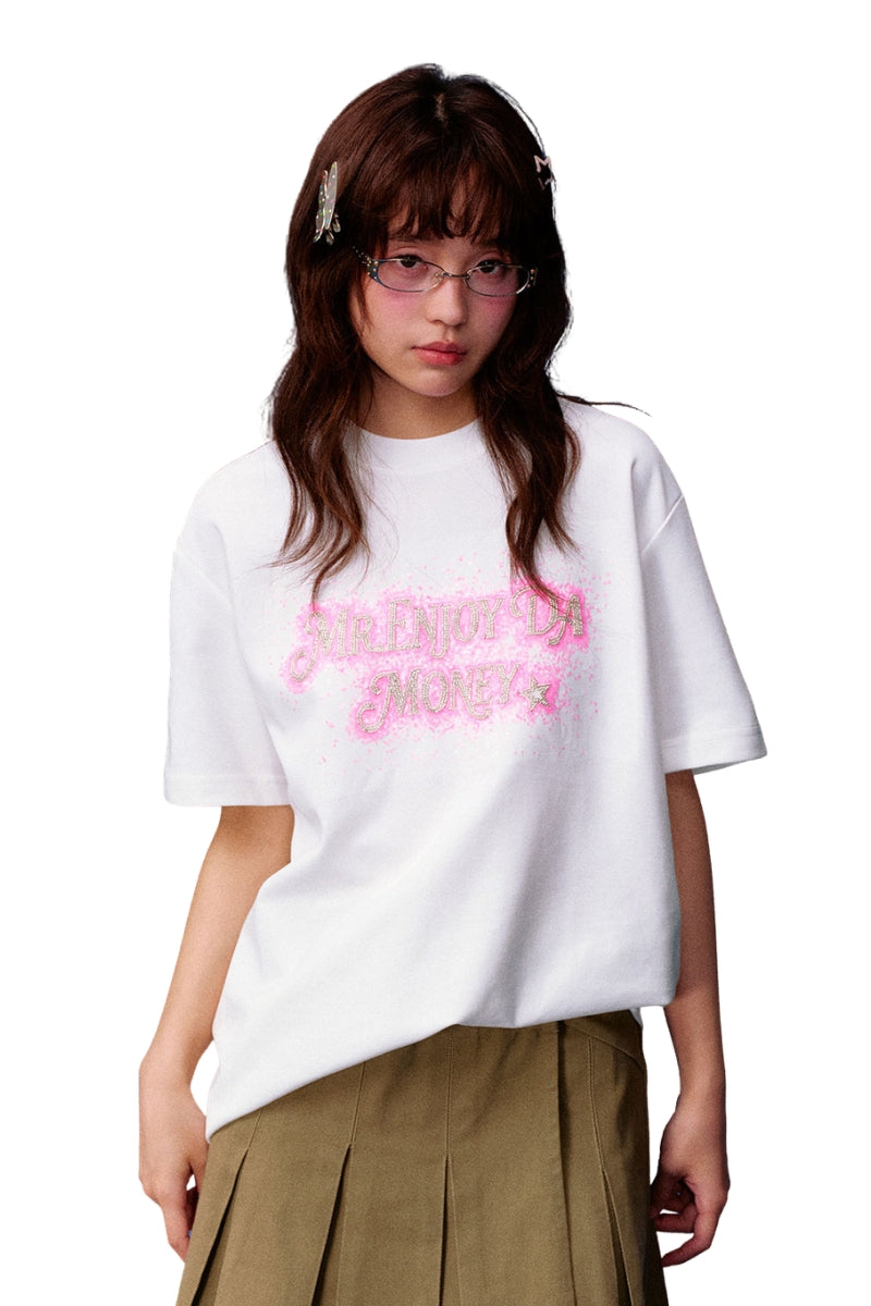 MEDM Sequin Beaded Letter Unisex Loose Short Sleeve Tee