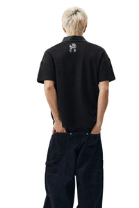 MEDM Letter Embroidered Waffle Spliced Leather Polo T-Shirt