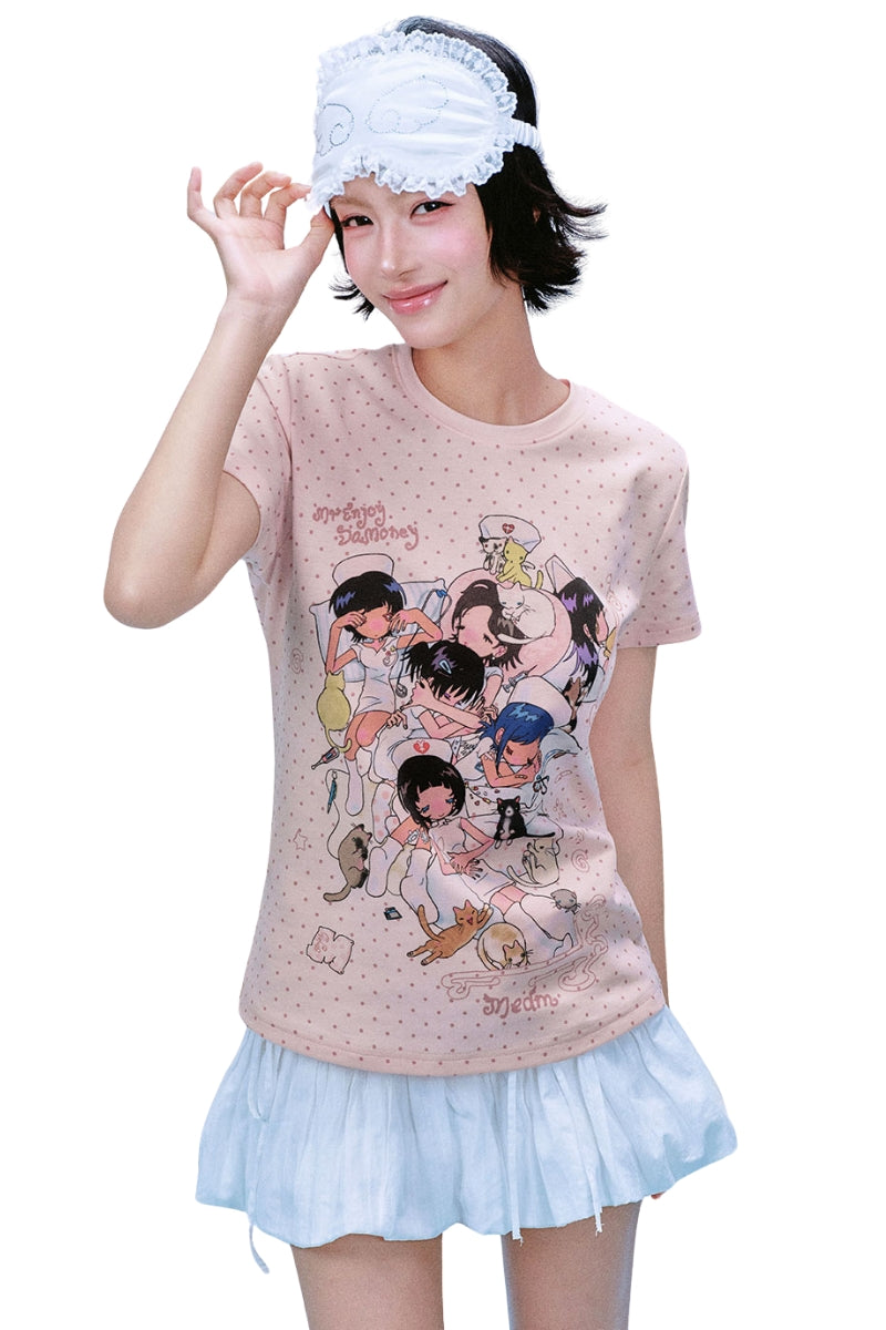 MEDM × Niaoyiyi | Nap Cartoon Polka Dot Slim Women Tee