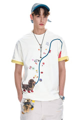 BJHG American Loose Fit Fun Dog‑Walking Print Tee | Couples Summer Short‑Sleeve Top