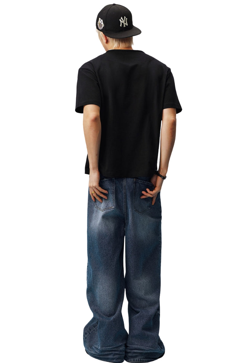 MEDM Henley Embroidery Fake Two-Piece Tee