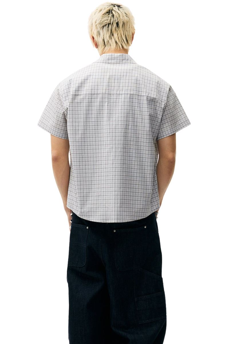 MEDM Heart Brush Embroidery Plaid Loose Short Sleeve Shirt