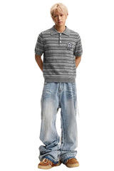 MEDM 3D Floral Stripe Knit Short Sleeve Polo Shirt for Men