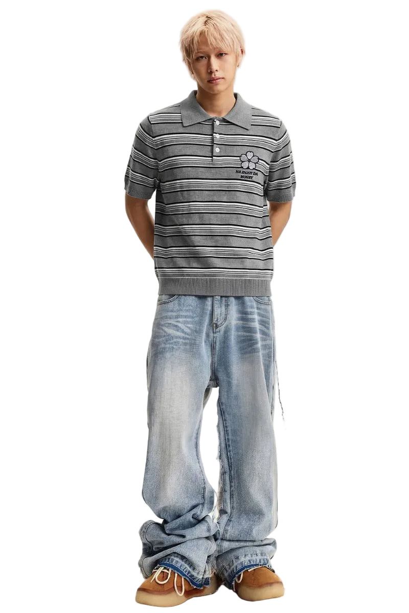 MEDM 3D Floral Stripe Knit Short Sleeve Polo Shirt for Men
