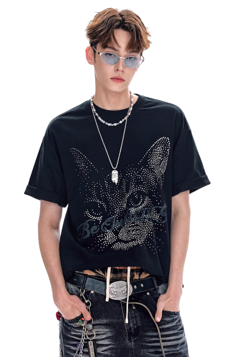 BJHG 2026 Vintage Faux Rhinestone Cat Tee | Men American Retro Short‑Sleeve Top
