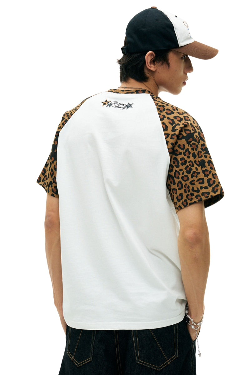 MEDM Contrast Raglan Leopard Leather Patch Vintage Tee