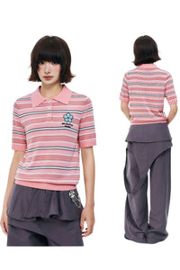 MEDM Women's Floral Stripe Knit Short Sleeve Polo Shirt