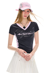 BJHG Women Retro V‑Neck T‑Shirt Summer Slim Waist Casual American Streetwear Top