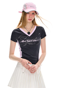 BJHG Women Retro V‑Neck T‑Shirt Summer Slim Waist Casual American Streetwear Top