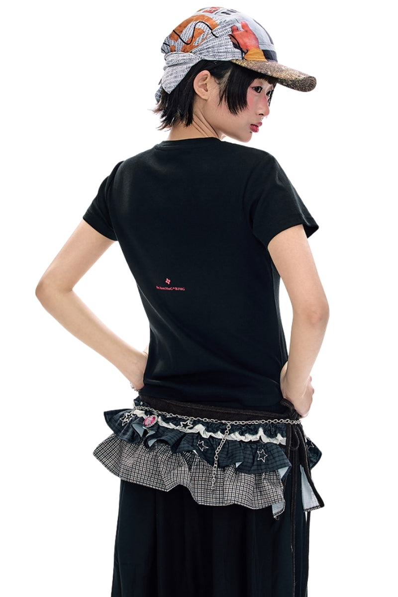 BJHG Exquisite Cat Print True‑Shoulder Fitted Tee Women Summer Designer Short Sleeve Top