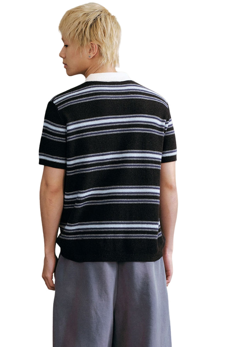 MEDM Striped Zip Polo Contrast Embroidery Couple Tee