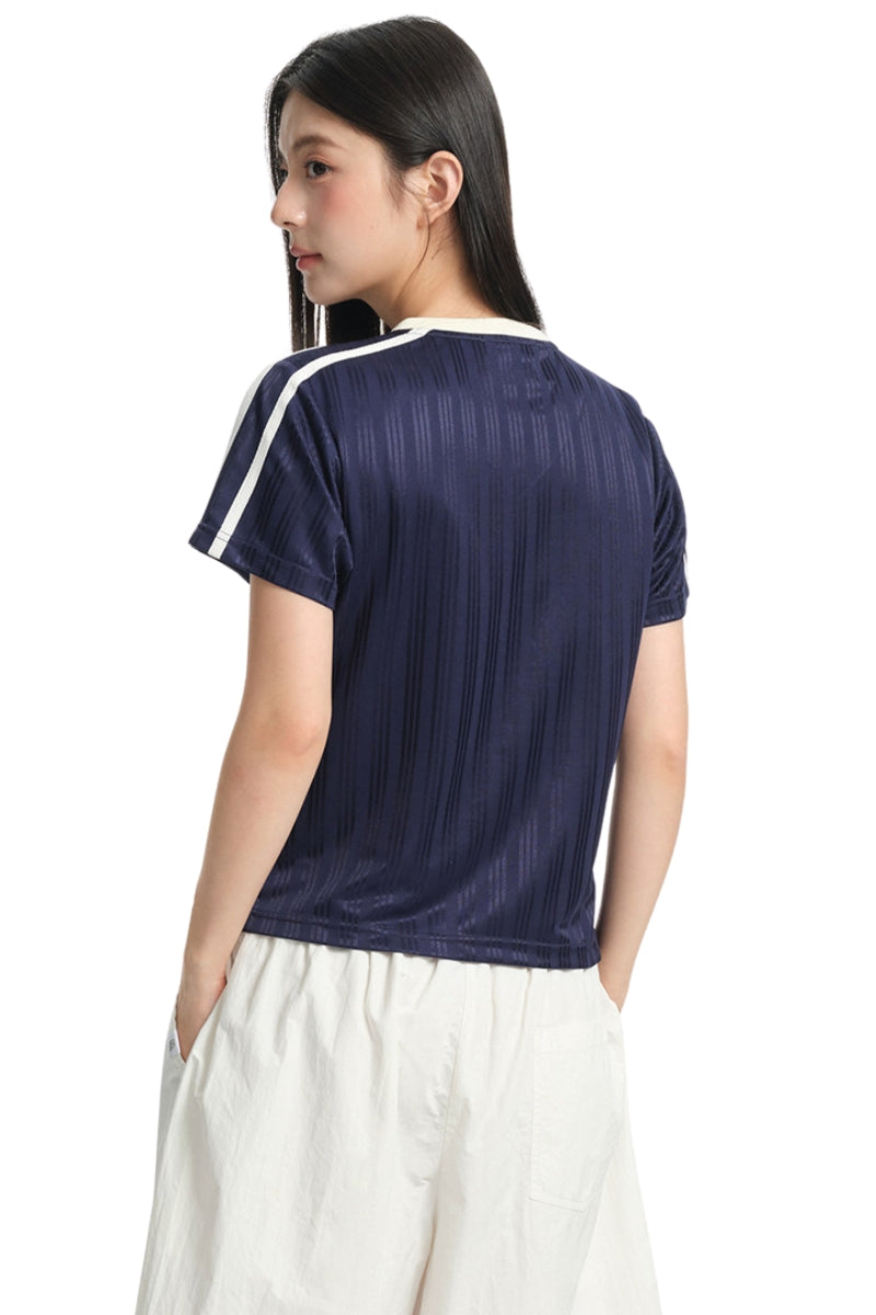 DangerousPeople DSP Color‑Block V‑Neck Letter Print Retro Sport Women Casual T‑Shirt