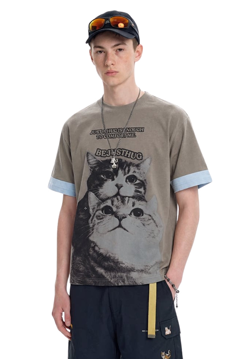 BJHG｜Cat Print Vintage Short Sleeve Tee, Unisex