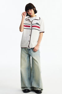MEDM 2026 Striped Mesh Knit Collared Short Sleeve Top
