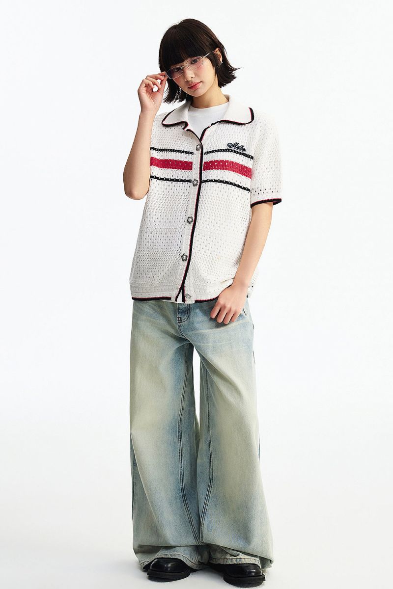 MEDM 2026 Striped Mesh Knit Collared Short Sleeve Top