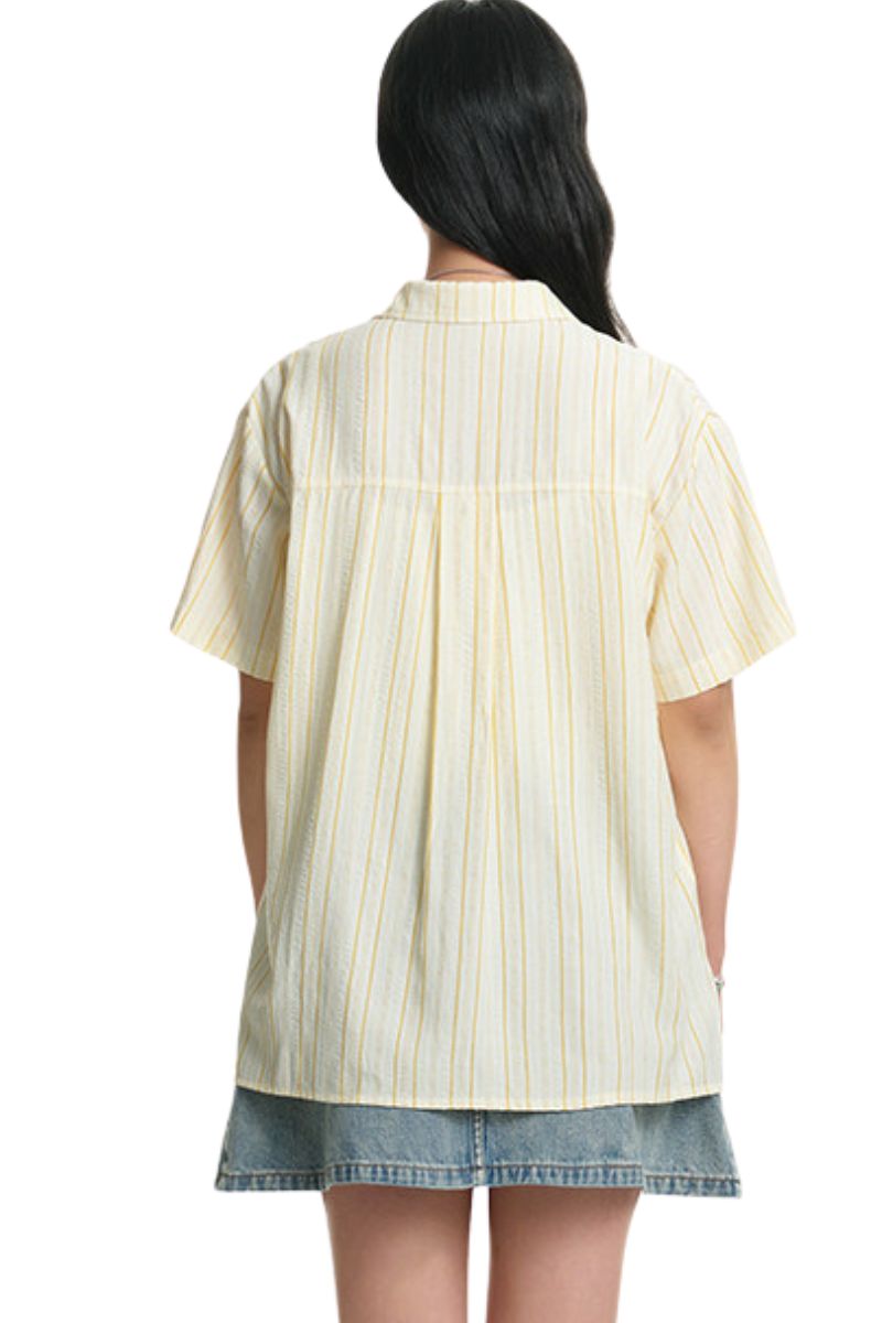 Dangerouspeople DSP｜Retro Music Cat Stripe Seersucker Short Sleeve Shirt