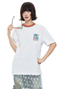 MEDM Contrast Knit Collar Embroidered Couple Tee