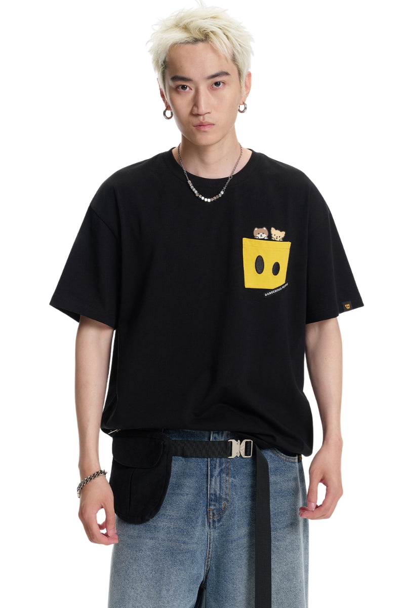 Dangerouspeople DSP Woven Label Pocket Print Tee Loose Drop‑Shoulder Couple T‑Shirt