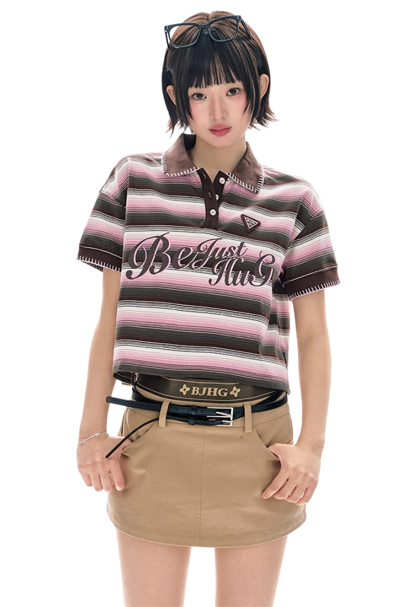 BJHG Summer Retro Women T‑Shirt Striped Collared Color‑Block Polo Casual Fashion Top