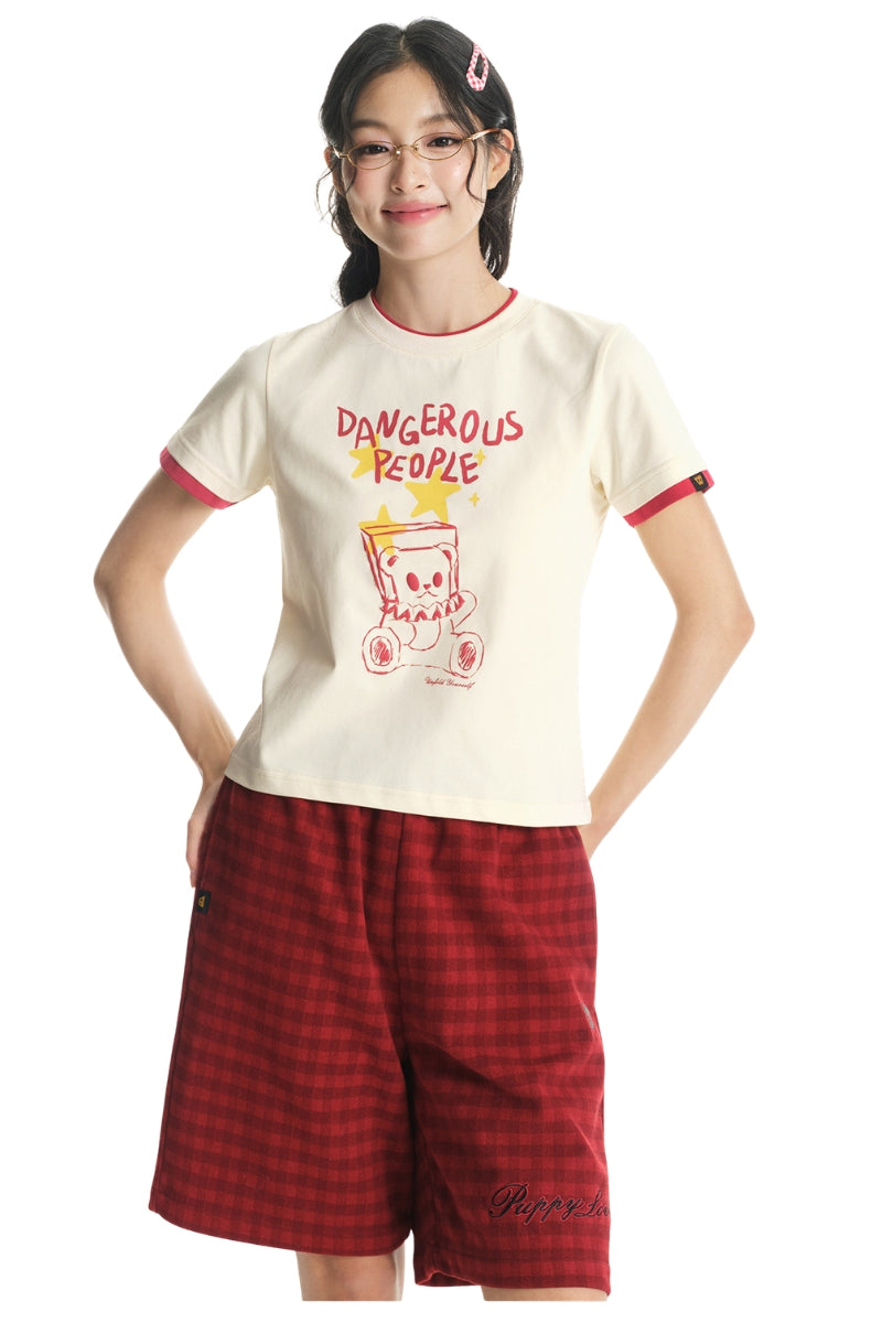 DangerousPeople DSP｜Color‑Block Splicing Hand‑Drawn Bear Print Sorona Quick‑Dry T‑Shirt