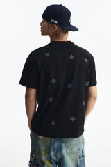 MEDM All Over Print Star Letter Embroidery T-shirt, Loose Crew Neck Couple Tee