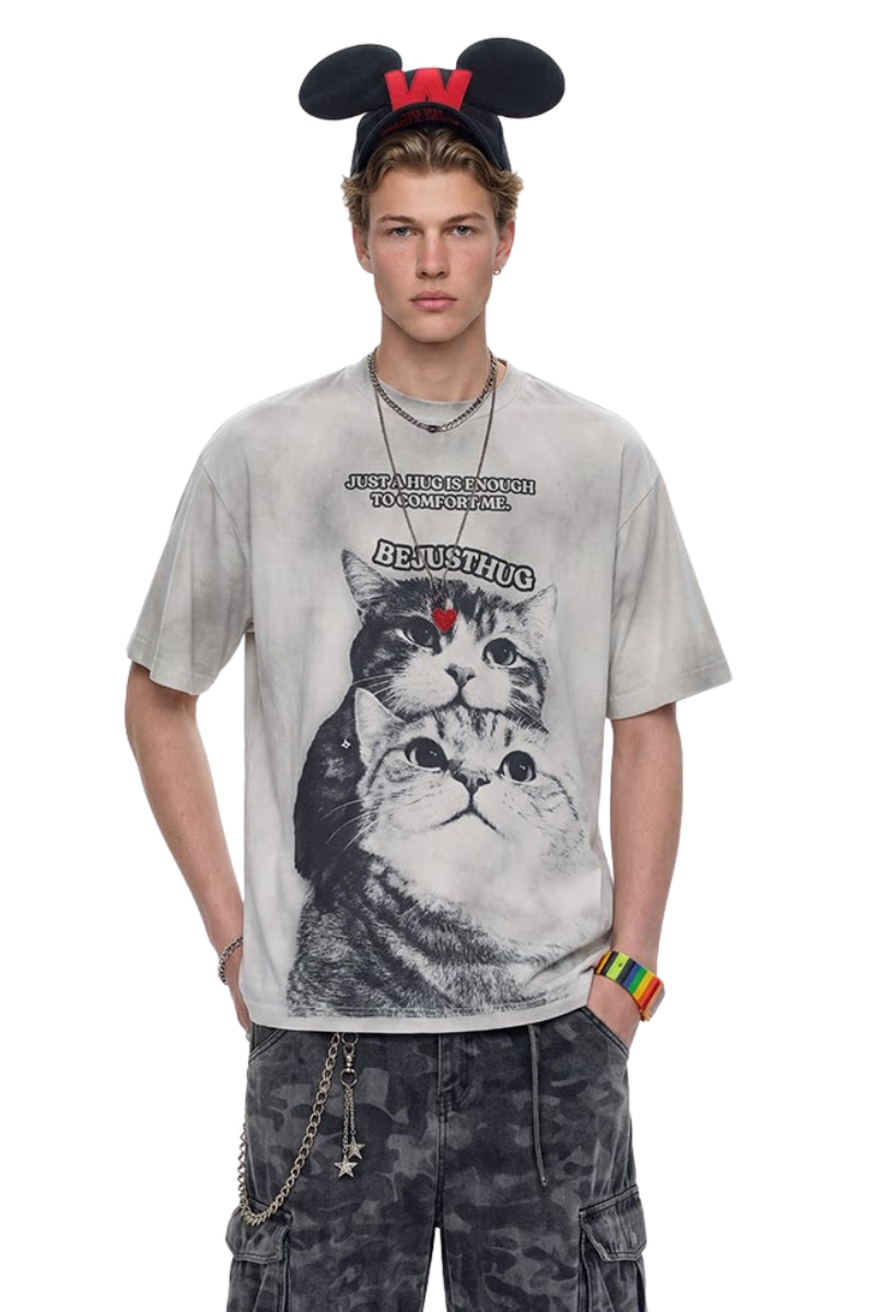BJHG｜Cat Print Vintage Short Sleeve Tee, Unisex