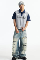 MEDM Wild Horse Embroidery Contrast Panel Loose Short Sleeve Polo Shirt