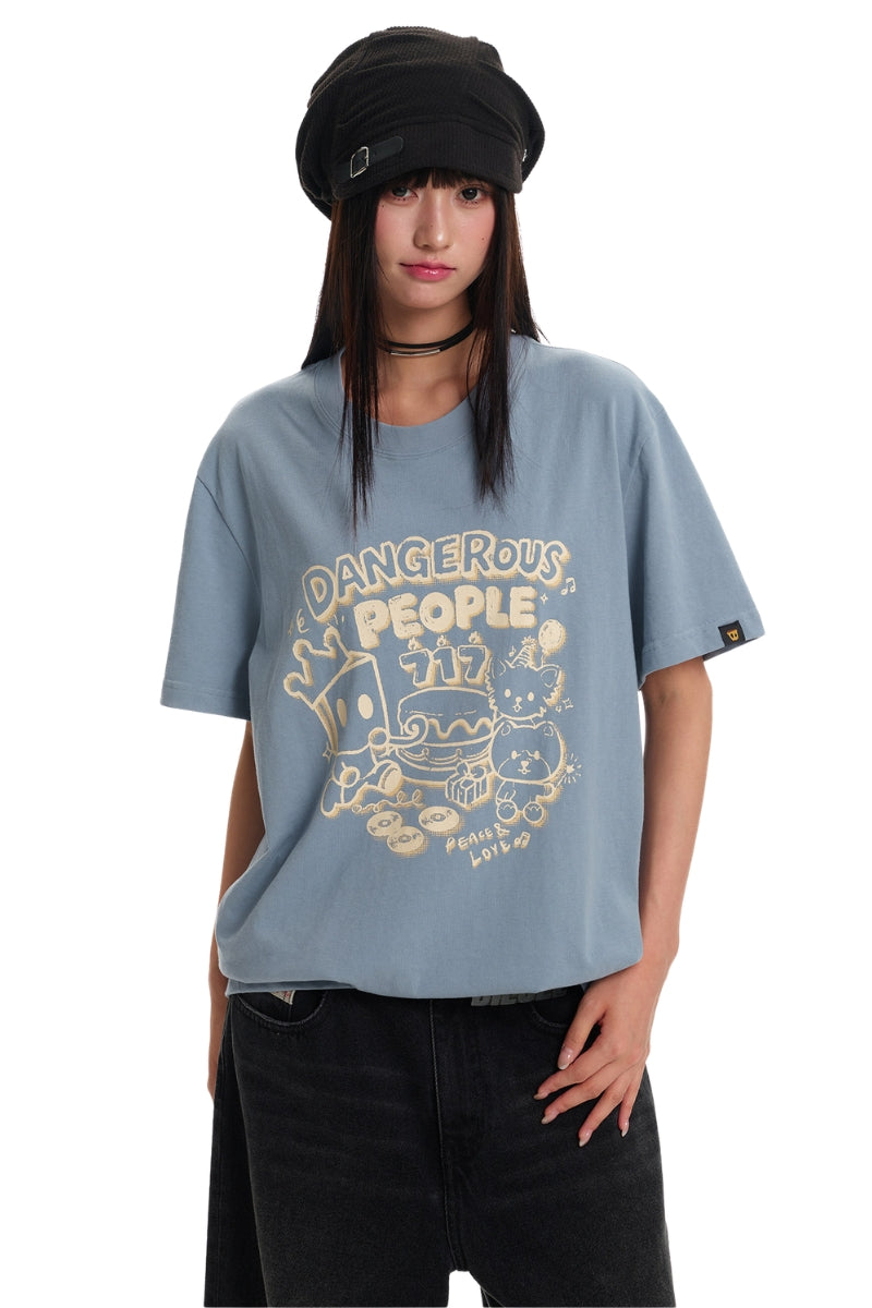 DangerousPeople DSP Mini‑D Home Hand‑Drawn Washed Tee Retro Texture Couple T‑Shirt
