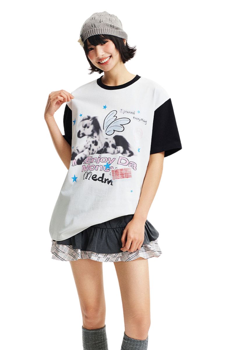 MEDM Blurry Pony Print Glitter Stars Crew Neck T-shirt
