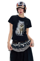 BJHG Exquisite Cat Print True‑Shoulder Fitted Tee Women Summer Designer Short Sleeve Top