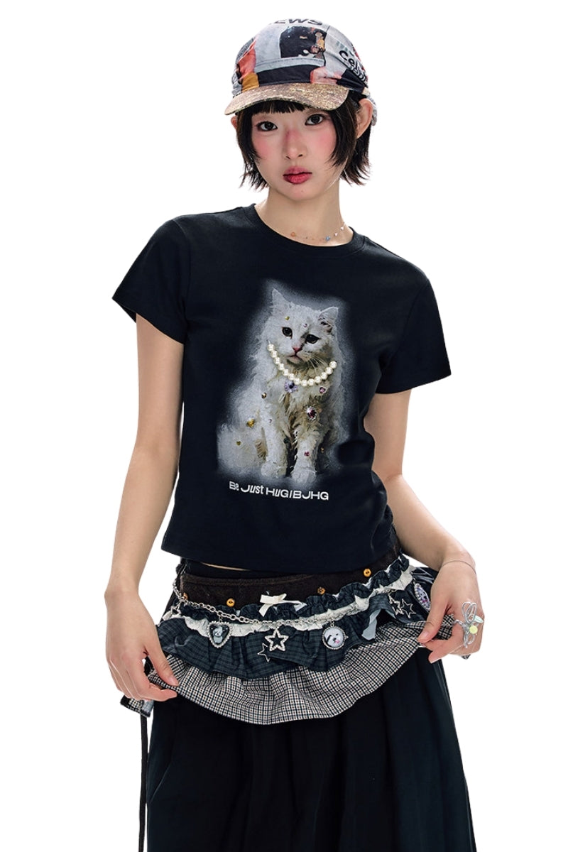 BJHG Exquisite Cat Print True‑Shoulder Fitted Tee Women Summer Designer Short Sleeve Top