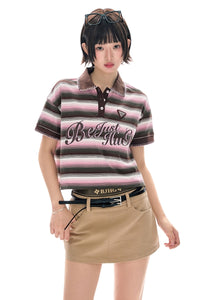 BJHG Summer Retro Women T‑Shirt Striped Collared Color‑Block Polo Casual Fashion Top