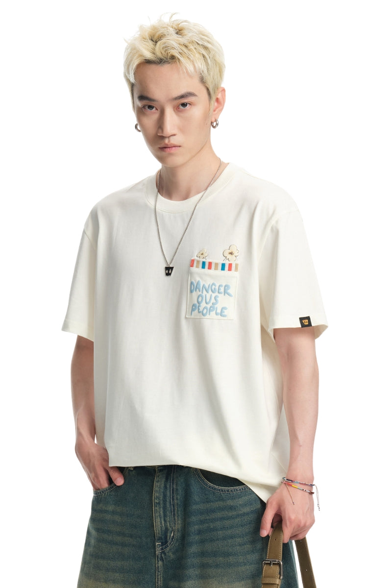 Dangerouspeople｜Popcorn Patch‑Pocket Loose Versatile T‑Shirt