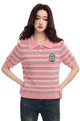 MEDM Women's Floral Stripe Knit Short Sleeve Polo Shirt