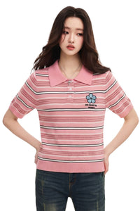 MEDM Women's Floral Stripe Knit Short Sleeve Polo Shirt