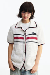 MEDM 2026 Striped Mesh Knit Collared Short Sleeve Top