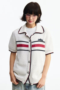 MEDM 2026 Striped Mesh Knit Collared Short Sleeve Top