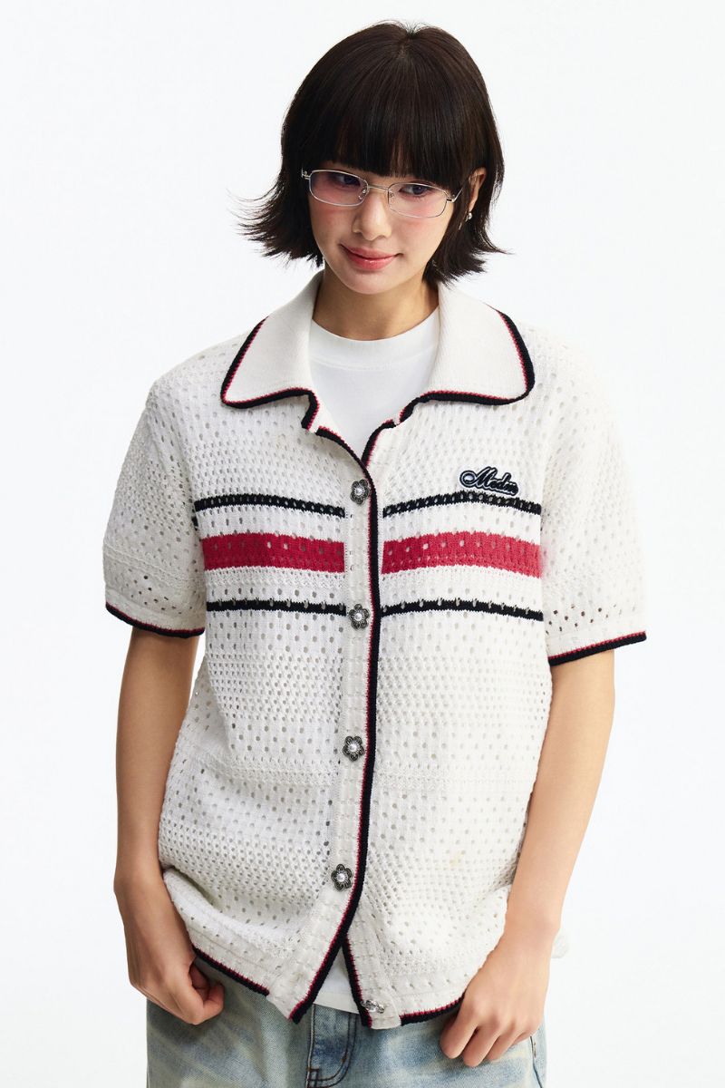 MEDM 2026 Striped Mesh Knit Collared Short Sleeve Top