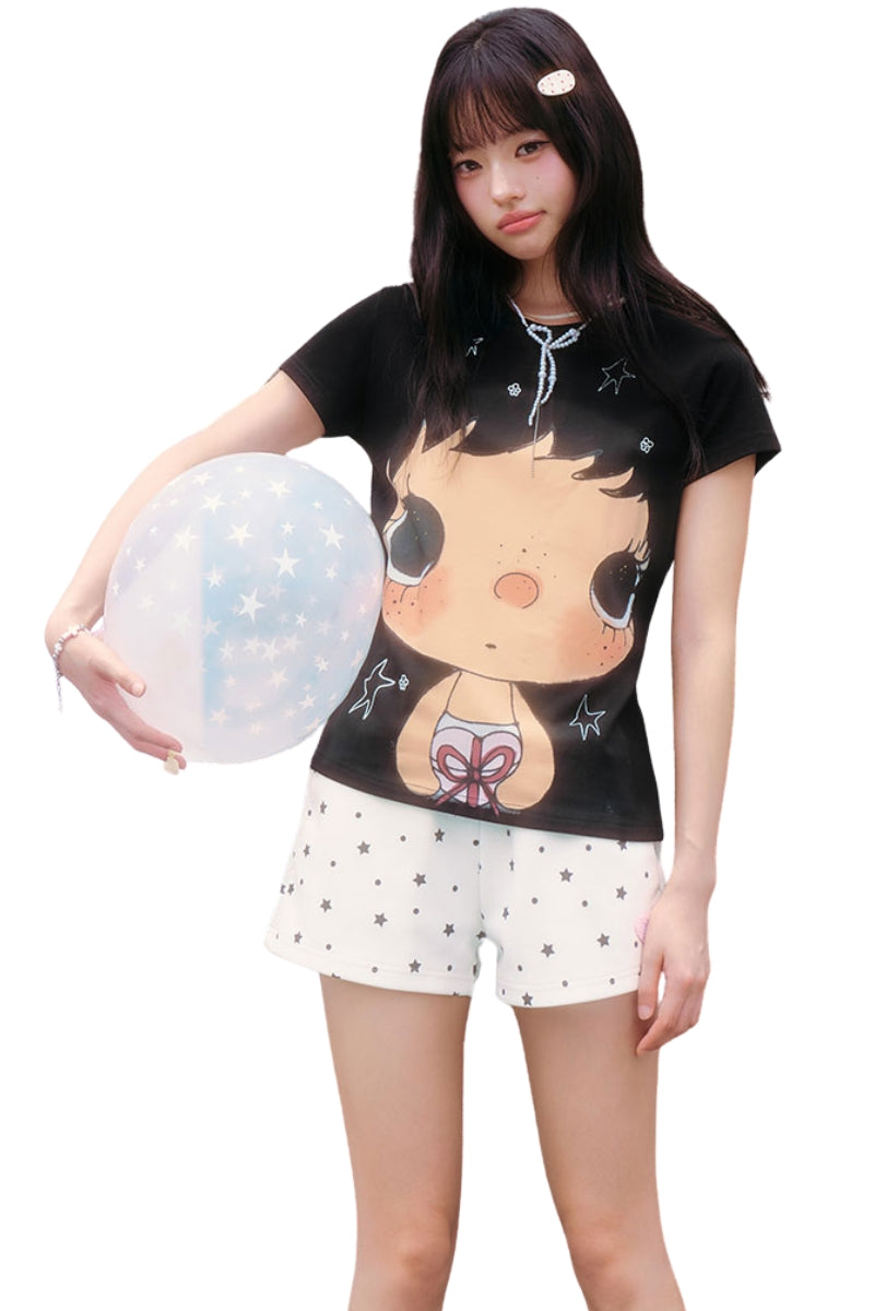 MEDM X YUY Yu Big Face Print Women Slim Fit Crew Neck T-Shirt