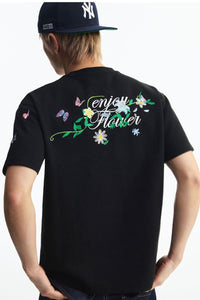 MEDM 3D Butterfly Magnolia Embroidered Oversized Couple Crew Neck T-Shirt