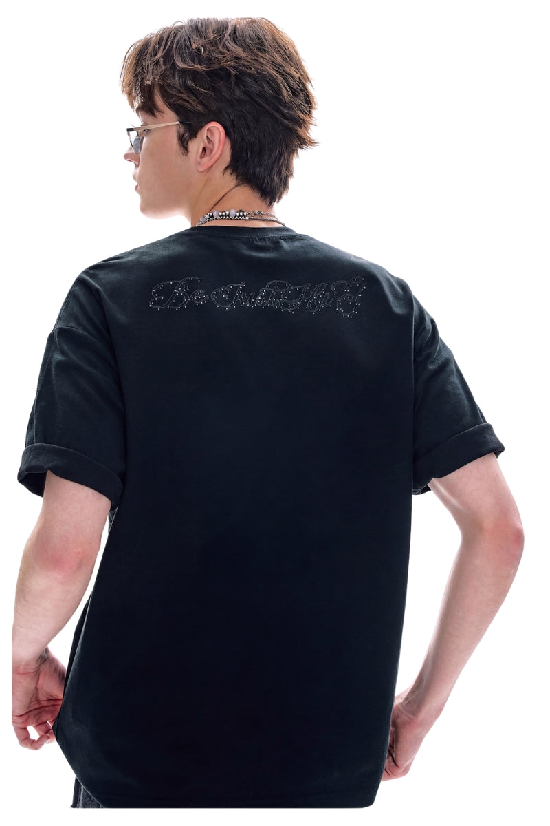 BJHG 2026 Vintage Faux Rhinestone Cat Tee | Men American Retro Short‑Sleeve Top