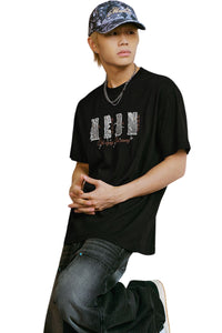 MEDM Vintage Denim Patch Rhinestone Crew Neck Tee
