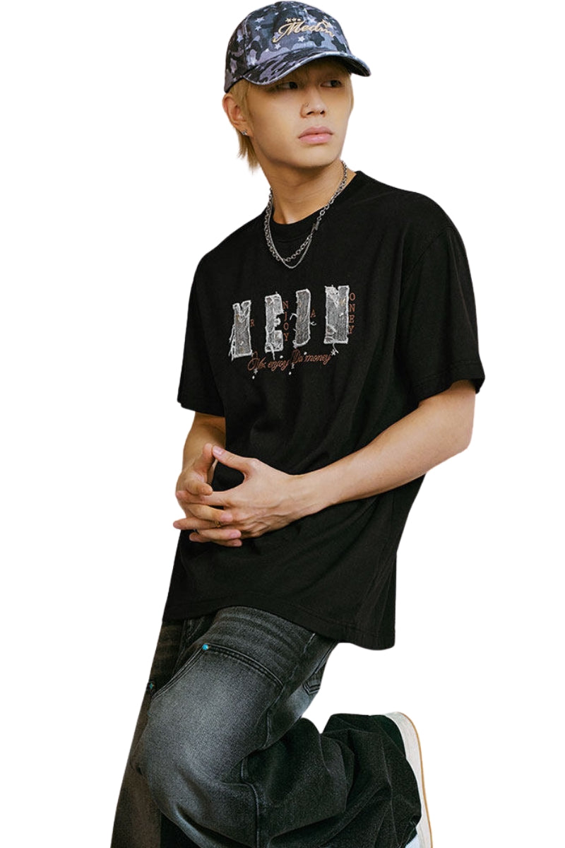 MEDM Vintage Denim Patch Rhinestone Crew Neck Tee