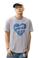 MEDM Striped Heart Letter Print Slim Loose Unisex T-shirt