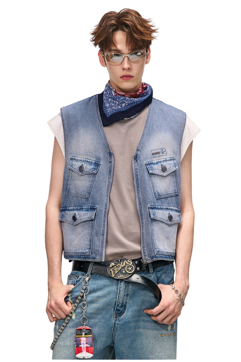 BJHG Men Denim Workwear Vest | Gorpcore Style 3D Patch‑Pocket Sleeveless Jacket for Fall Layering