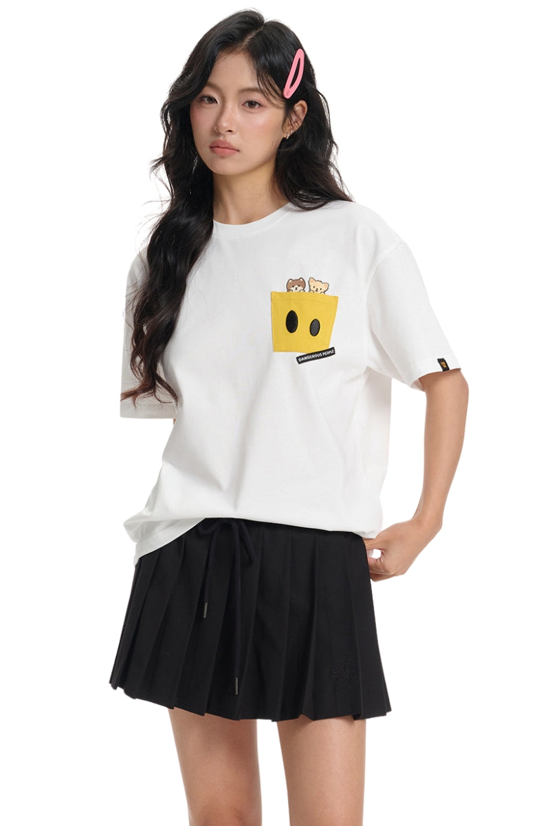 Dangerouspeople DSP Woven Label Pocket Print Tee Loose Drop‑Shoulder Couple T‑Shirt